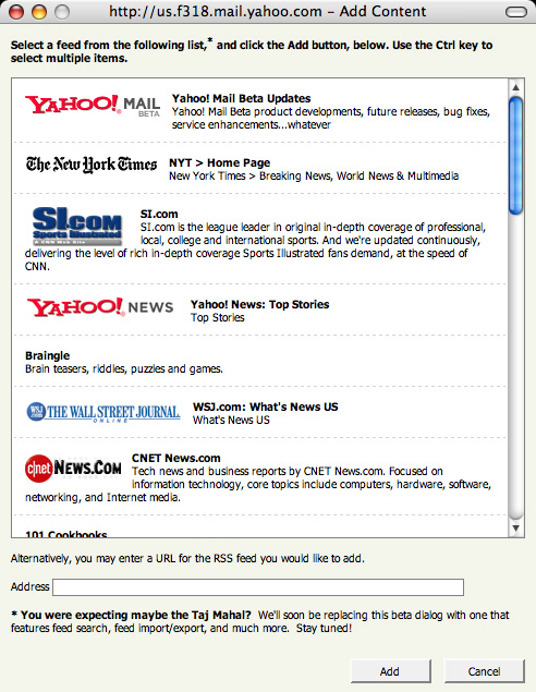 Adding feed to Yahoo! Mail RSS