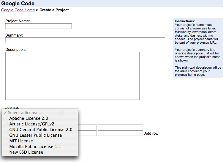Google Code Hosting creation screen