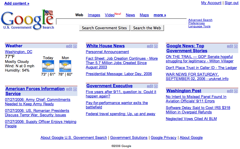 iGoogle government homepage