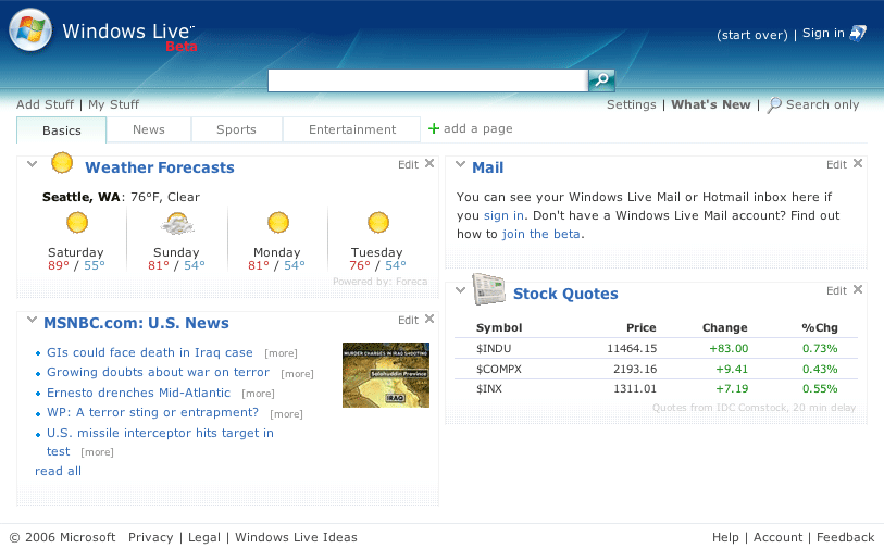 Windows Live homepage