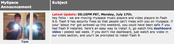 MySpace requires Flash 9
