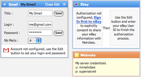 Netvibes sample modules Gmail eBay webnote