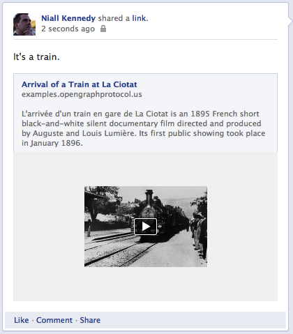Facebook shared story with Open Graph protocol video markup