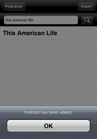Podcaster for iPhone add podcast confirmation