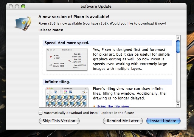Sample Sparkle update screen
