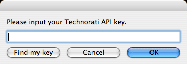 NetNewsWire Technorati Cosmos API key input