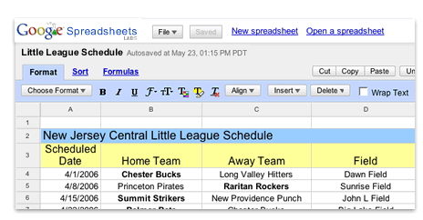 Google Spreadsheets main view
