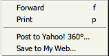 Yahoo Mail RSS contextual menu options