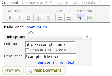 YUI rich text editor blog comments